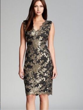Tadashi Shoji Dress Bronze Gold Black Sequin Cocktail Part Dress Size 8